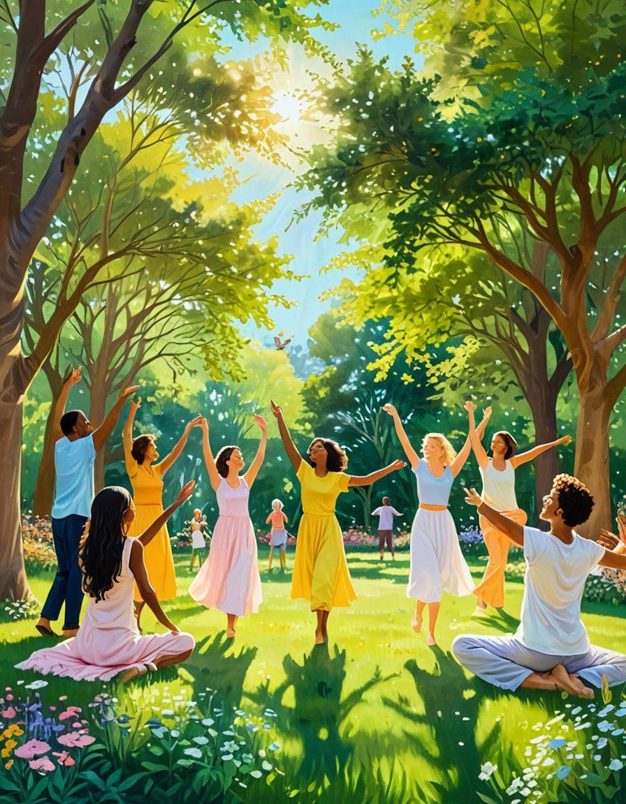 A serene scene depicting a diverse group of people engaging in joyful activities like dancing, meditating, and laughing together in a lush park. Sunlight filters through the trees, casting a warm glow on their faces and creating a vibrant, uplifting atmosphere. Incorporate elements of nature such as blooming flowers and birds in flight to symbolize well-being. soft pastel colors. impressionist style.