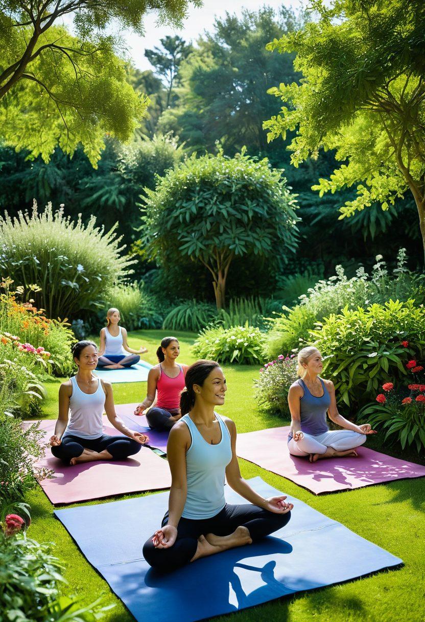 A serene landscape featuring a diverse group of people engaging in various wellness activities, like yoga, group therapy, and gardening, all under a bright, sunny sky. Include elements representing holistic care, such as herbal plants and heart symbols, to emphasize joy and well-being. The scene should radiate positivity and community spirit. vibrant colors. super-realistic.